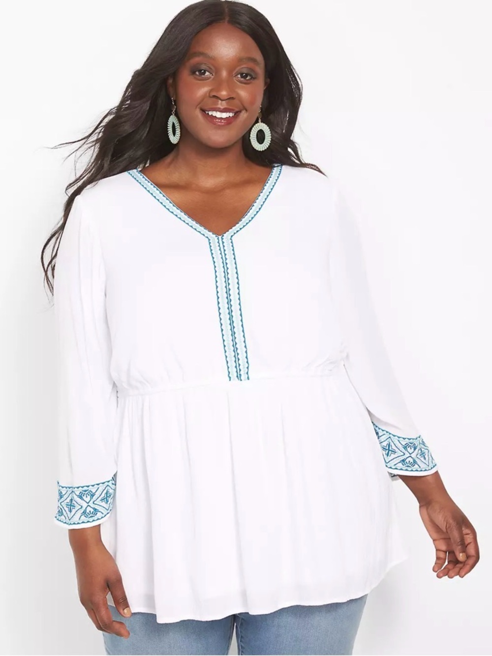 Lane Bryant White Classic Medium-Sleeve Blue Embroidered Blouse 24